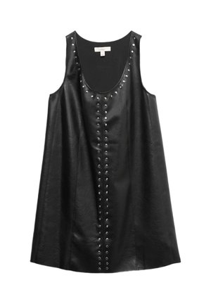 Abito senza maniche in pelle nera con scollatura a barca, vestibilità rilassata e borchie argentate lungo la parte anteriore e le spalle.