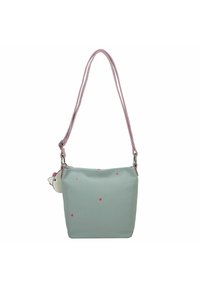 Bolsa de tela de color azul claro con tira de hombro rosa y patrón de estrellas. Presenta un acento en forma de pollito en el lateral y tiene una forma rectangular.