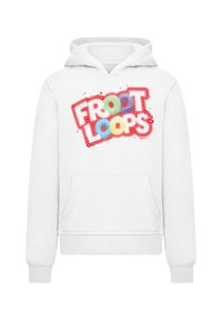 White hoodie features a colorful "FROOT LOOPS" graphic on the front, with a pullover design and a front kangaroo pocket.