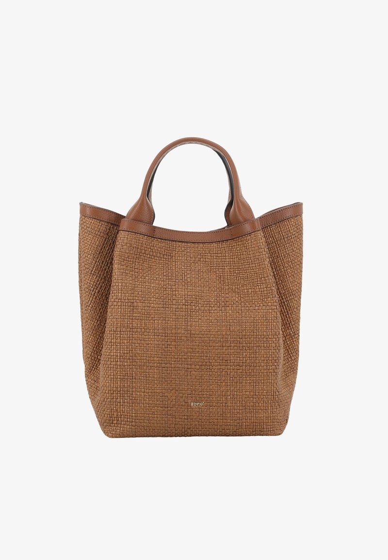 Sac fourre-tout en tissu marron tissé avec poignées et bordure en cuir, arborant un petit logo de marque métallique au centre inférieur avant.