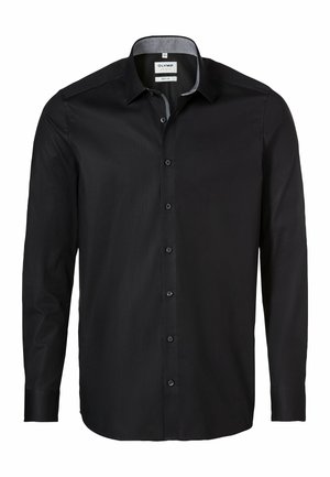 Zwarte langslavige shirt met een knoopsluiting aan de voorkant, gemaakt van gladde stof. Bevat een contrasterende kraag en vijf zwarte knopen.