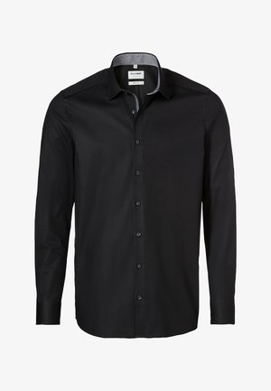 Schwarzes Langarmshirt mit durchgehender Knopfleiste, aus glattem Stoff gefertigt. Verfügt über einen kontrastierenden Kragen und fünf schwarze Knöpfe.