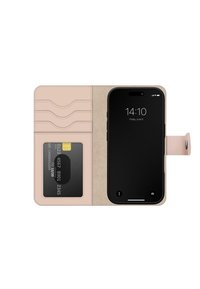 Rózsaszín bőr telefonwallet tok kártyahelyekkel, puha belső résszel, mágneses záródással és helyet biztosít a okostelefon kijelzőjének.