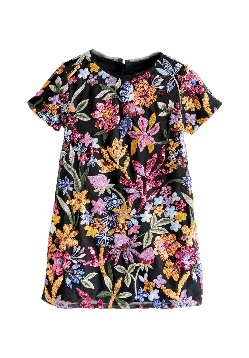 Schwarzes Kleid mit mehrfarbigem floralem Stickmuster, kurzen Ärmeln und runder Ausschnitt. Mit Pailletten und einem Reißverschluss auf der Rückseite.