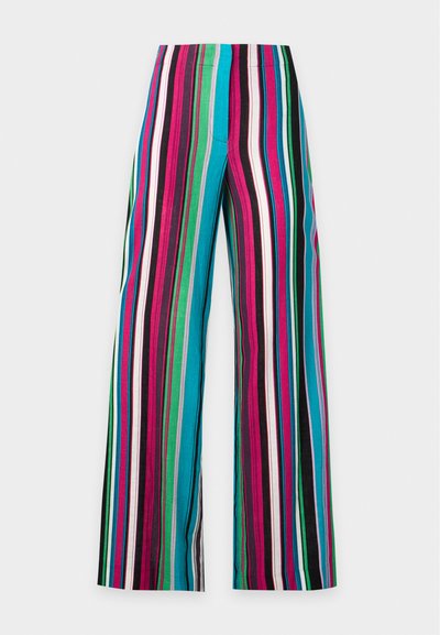 Παντελόνι ψηλόμεσο με φαρδιά πόδια και κάθετες ρίγες σε ροζ, πράσινο, μπλε, μαύρο και λευκό σε απλό φόντο.
