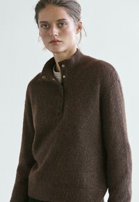 Pull en tricot marron avec un col haut, doté de trois boutons et d'œillets dorés. Le tissu texturé présente une apparence douce et duveteuse.