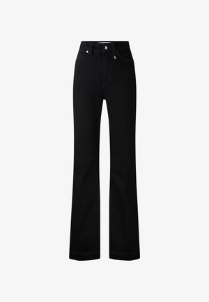 Sorte denim flared jeans med høj talje, med frontlynlås, knaplukning og fem lommer. Glat tekstur og rene linjer.