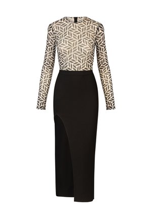 Sukienka z długim rękawem, z wzorzystym, przezroczystym topem w liście oraz czarną, dopasowaną spódnicą z wysokim rozcięciem z boku.