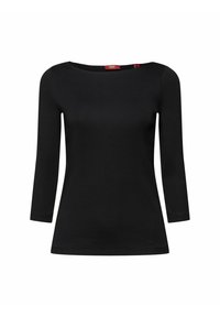 Czarna bluzka z rękawem trzy czwarte, wykonana z miękkiego, elastycznego materiału. Posiada szeroki dekolt i dopasowany krój. Brak widocznych wzorów lub akcentów.