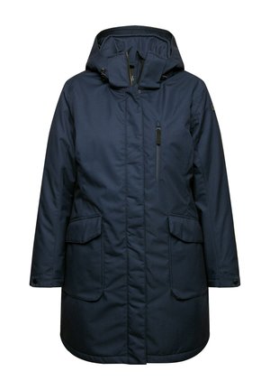 Marineblaue isolierte Parka mit Kapuze, ausgestattet mit einer mit Reißverschluss versehenen Brusttasche und zwei großen Fronttaschen, glatte Textur und geknöpfte Bündchen.
