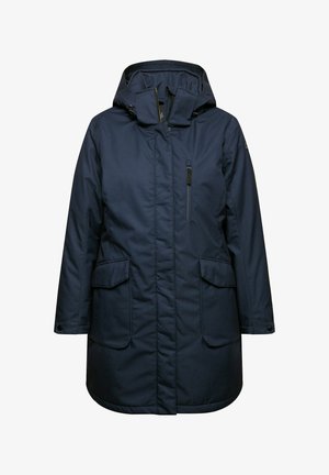 Parka isolante blu navy con cappuccio, dotata di una tasca sul petto con zip e due grandi tasche frontali, texture liscia e polsini con bottone.