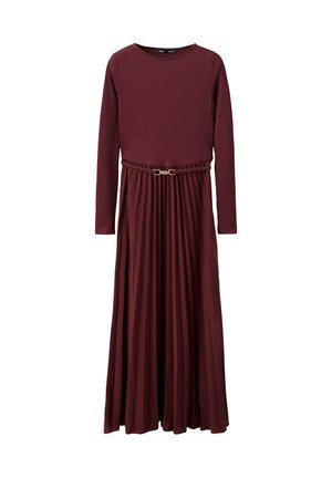 Long-sleeve burgundy dress with pleated skirt and thin matching belt with gold buckle at the waist on a white background.