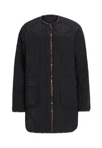 Czarna pikowana kurtka z okrągłym dekoltem, dwoma przednimi kieszeniami oraz kontrastowym lamowaniem w panterkę na krawędziach i zapięciu.