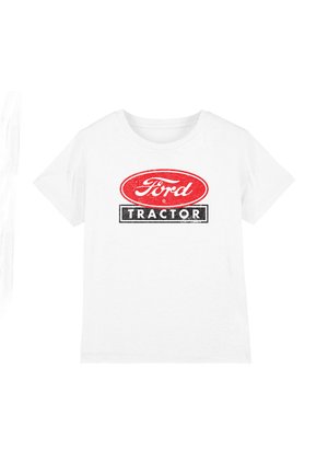 Weißes T-Shirt mit kurzen Ärmeln, mit einem roten Oval und einem schwarzen Rechteck als Logo, das die Worte "Ford Tractor" in einem Vintage-Stil zeigt.