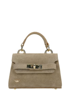 Beige Wildleder-Handtasche mit kurzem Griff, goldfarbenem Drehverschluss und kleinem goldenen Logo in der unteren linken Ecke.