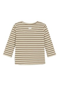Beige en witte gestreepte langemouwen ribben T-shirt voor peuters met een klein label met een lachend gezicht op de bovenrug.