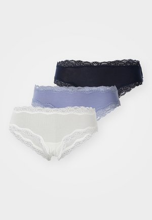Three pairs of women's underwear in white, light blue, and navy with lace trim along the waistband and leg openings. Soft cotton material.