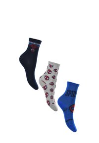 Drei Paar Kindersocken: marineblau mit Spiderman- Grafik, grau mit wiederholten Spiderman-Gesichtern und blau mit "SPID"-Text und Logo.