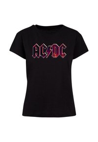 Black cotton T-shirt with short sleeves, featuring a large red and silver AC/DC graphic logo. Classic crew neck design.