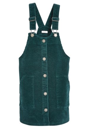 Tyrkysové manšestrové šaty s overallovým střihem a nastavovacími ramínky, stříbrnými knoflíky po přední straně a dvěma předními kapsami. Texturovaná ribbovaná látka.
