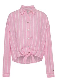 Pink striped button-up shirt made of lightweight fabric. Features long sleeves, a tied knot at the waist, and silver button closures.