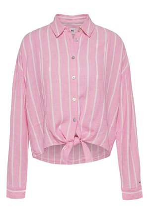 Pink striped button-up shirt made of lightweight fabric. Features long sleeves, a tied knot at the waist, and silver button closures.