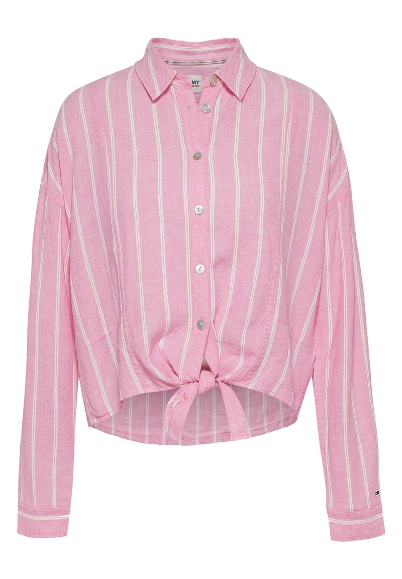 Pink striped button-up shirt made of lightweight fabric. Features long sleeves, a tied knot at the waist, and silver button closures.