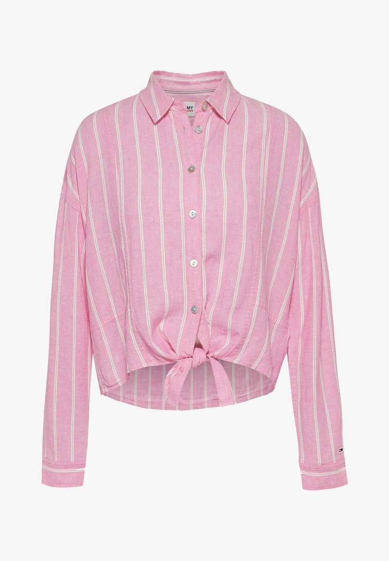 Pink striped button-up shirt made of lightweight fabric. Features long sleeves, a tied knot at the waist, and silver button closures.