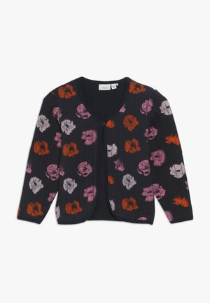 Marineblauer Cardigan mit floralem Muster in Pink und Orange. Verfügt über einen V-Ausschnitt, lange Ärmel und eine Knopfleiste vorne. Strukturierter Stoff.