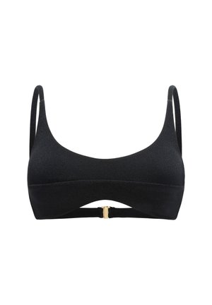 Czarny biustonosz bikini wykonany z teksturowanej tkaniny. Posiada regulowane ramiączka oraz złoty zapięcie z przodu, z gładkim, minimalistycznym wzornictwem.