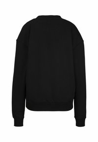 Black sweatshirt, soft cotton blend, relaxed fit, dropped shoulders, ribbed cuffs and hem. Minimalist design, no visible logos or patterns.