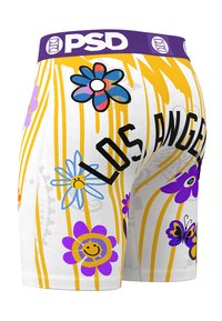 Bóxers para hombre en tejido blanco, con una cintura morada, rayas amarillas y patrones florales coloridos con el texto "LOS ÁNGELES".