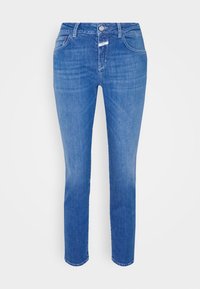 Ljust blå jeans i denim, med rak benform, fem fickor, framknäppning med knapp och dragkedja, samt subtila blekningar.