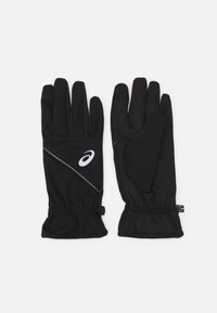 Black athletic gloves made of flexible fabric. Features a form-fitting design, elastic wrist, and reflective logo accent.