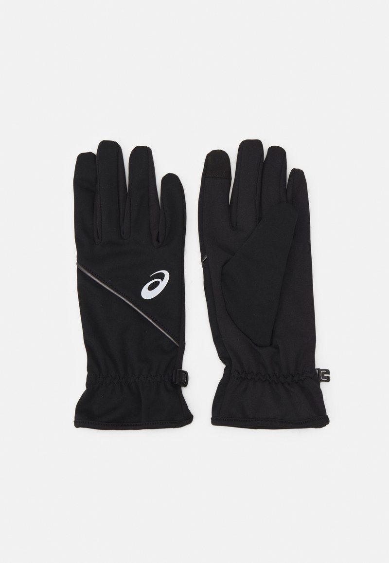 Black athletic gloves made of flexible fabric. Features a form-fitting design, elastic wrist, and reflective logo accent.