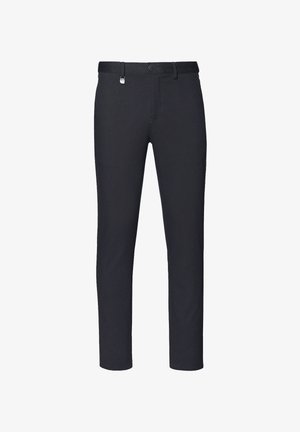 Czarne spodnie wykonane z gładkiego materiału, o prostym kroju, z paskiem na pasek, z guzikiem z przodu i dwoma bocznymi kieszeniami.