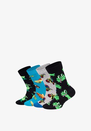 Fire par af farverige sokker vist side om side, med sjove frødesigns og forskellige legende mønstre på hver sok.