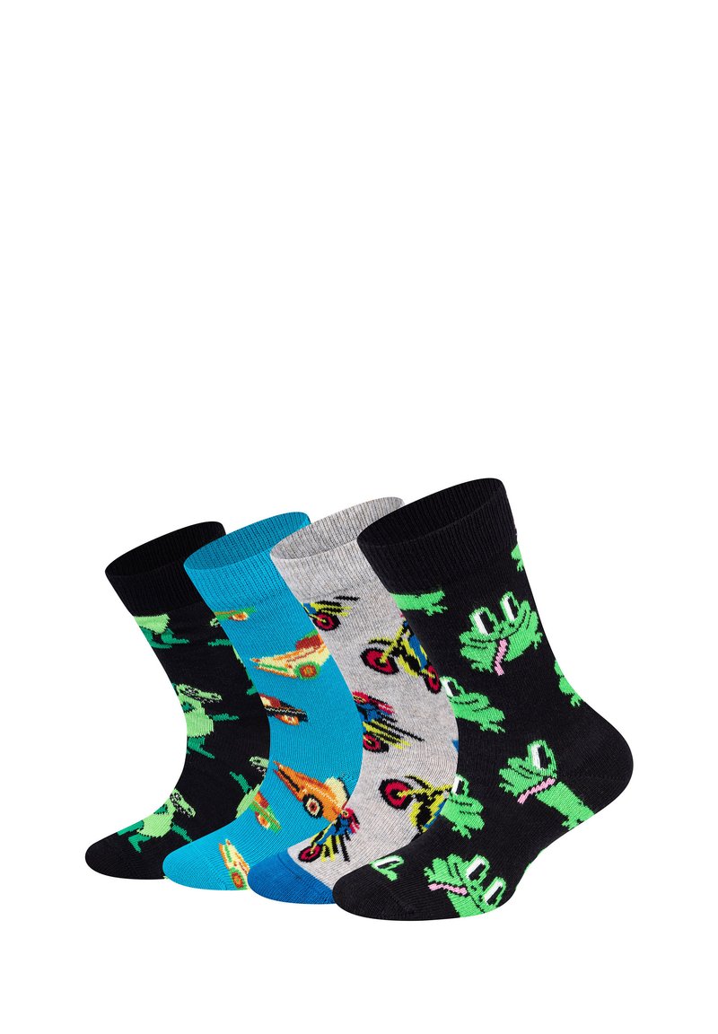 Fire par af farverige sokker vist side om side, med sjove frødesigns og forskellige legende mønstre på hver sok.