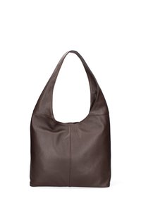 Borsa a spalla in pelle marrone con una finitura testurizzata, una maniglia curva unica e una forma strutturata ma morbida. I dettagli delle cuciture sono prominenti.