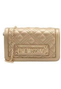 Quilted gold faux leather wallet with a chain strap and a front plaque reading "LOVE MOSCHINO," featuring a rectangular design and smooth texture.