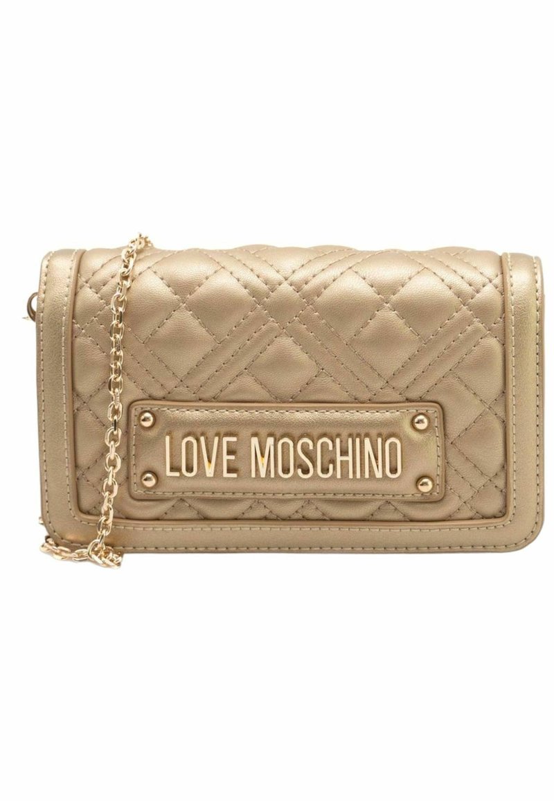 Quilted gold faux leather wallet with a chain strap and a front plaque reading "LOVE MOSCHINO," featuring a rectangular design and smooth texture.