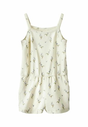 Rompers jaune clair en tissu doux, avec un imprimé floral bleu et vert. Il a des bretelles fines et une taille élastique avec des poches.