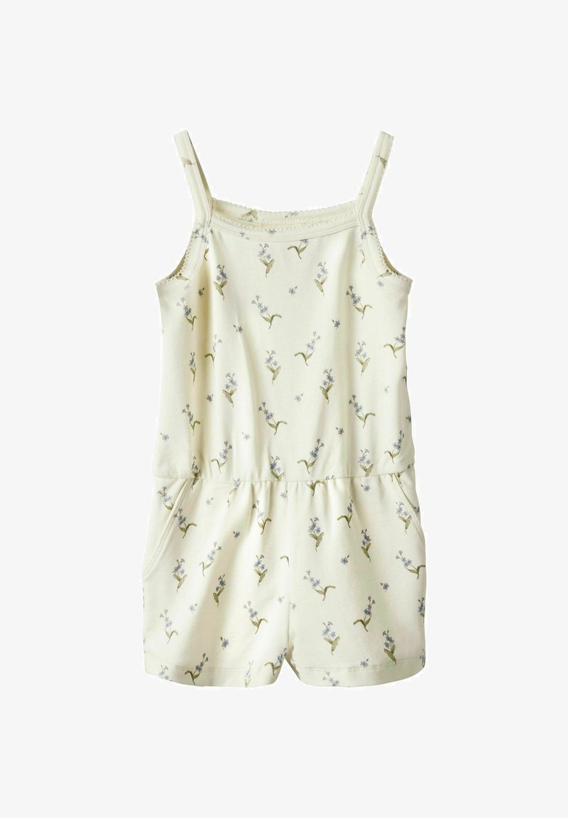 Lichtgele rompert gemaakt van zachte stof, met een bloemenprint in blauw en groen. Het heeft dunne bandjes en een elastische taille met zakken.