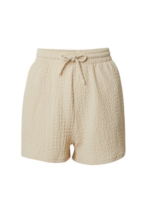 Beige strukturierte Shorts mit einem elastischen Bund und Kordelzug. Der Stoff hat ein gewelltes Muster und ist bis zur Mitte des Oberschenkels geschnitten.