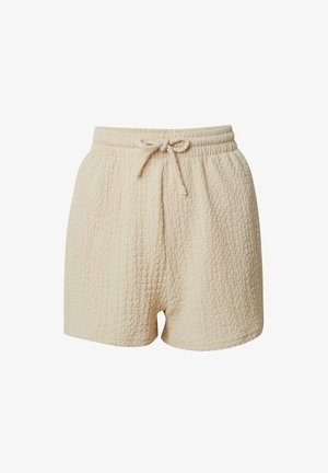 Beige strukturierte Shorts mit einem elastischen Bund und Kordelzug. Der Stoff hat ein gewelltes Muster und ist bis zur Mitte des Oberschenkels geschnitten.
