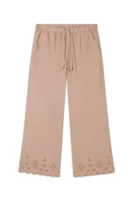 Pantalones de pierna ancha en beige claro con una cinturilla elástica y cordón. Presentan bordado de ojales en el dobladillo y bolsillos laterales.