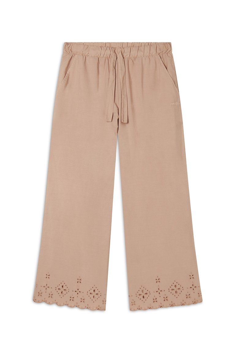 Pantalones de pierna ancha en beige claro con una cinturilla elástica y cordón. Presentan bordado de ojales en el dobladillo y bolsillos laterales.