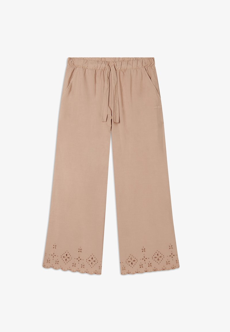 Pantalones de pierna ancha en beige claro con una cinturilla elástica y cordón. Presentan bordado de ojales en el dobladillo y bolsillos laterales.