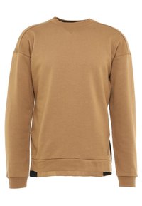 Sudadera marrón de manga larga hecha de una tela suave. Cuenta con un cuello redondo, puños acanalados y aberturas en los laterales del dobladillo. Acentuada con un logo.