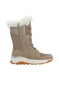 Botte beige en faux daim haute jusqu'au genou avec un col en fausse fourrure, détails de fermeture éclair et semelle en caoutchouc contrastante. Caractéristiques de laçage à l'avant et accents en maille.